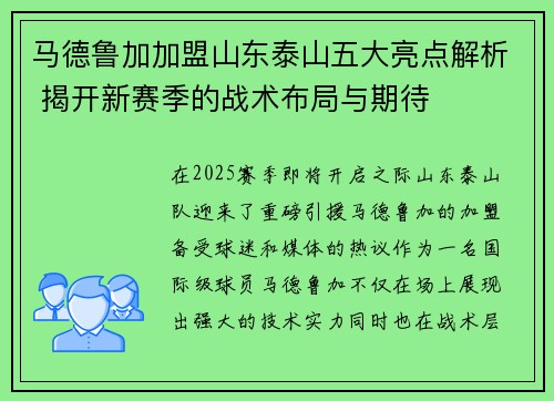 马德鲁加加盟山东泰山五大亮点解析 揭开新赛季的战术布局与期待